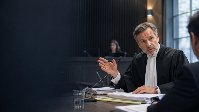 Advocaat betoogt in moderne rechtszaal